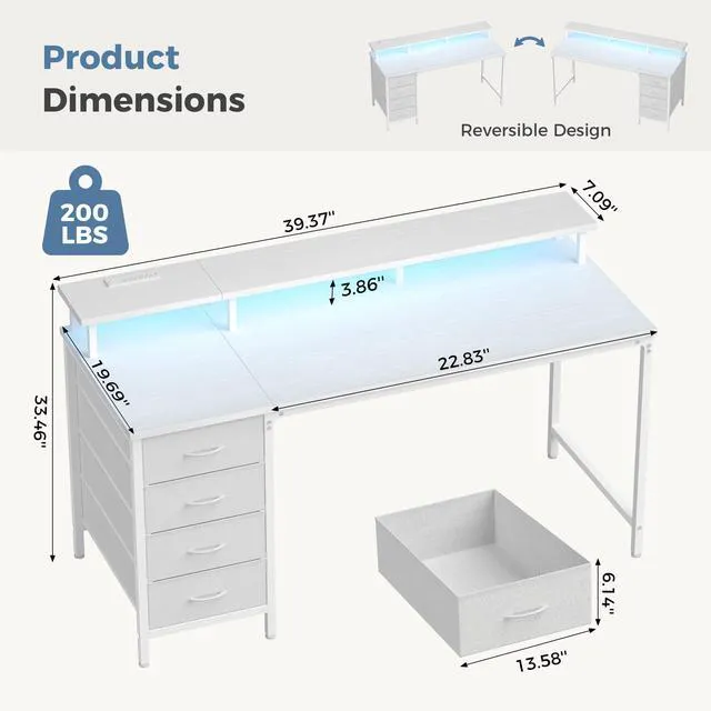 Alt view image 3 of 7 - 40-Inch Gaming Computer Desk with Drawers for Home Office, White Small Desk with Monitor Stand for Bedroom Study and Writing, PC Desk with Power Outlets and LED Lights