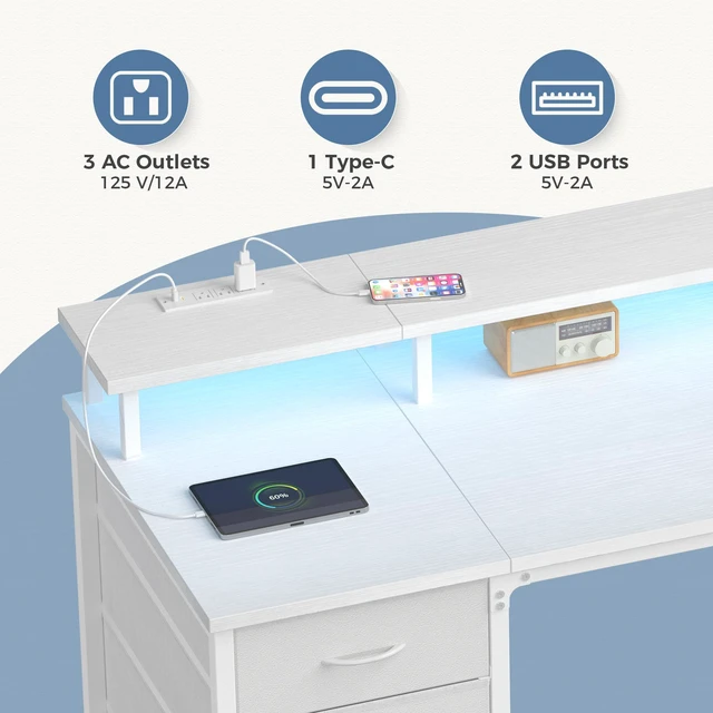 Alt view image 4 of 7 - 40-Inch Gaming Computer Desk with Drawers for Home Office, White Small Desk with Monitor Stand for Bedroom Study and Writing, PC Desk with Power Outlets and LED Lights