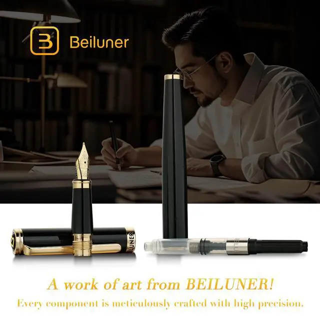 Alt view image 6 of 7 - Black Fountain Pen,Stunning Luxury Pens with 24K Gold Accents, Gorgeous 24K Gilded Nib(Medium), Trustworthy Pen Gift for Men&Women -Ink Converter-Elegant, Reliable,Nice Pen for Writing