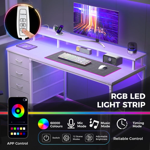 Alt view image 5 of 7 - 40-Inch Gaming Computer Desk with Drawers for Home Office, White Small Desk with Monitor Stand for Bedroom Study and Writing, PC Desk with Power Outlets and LED Lights