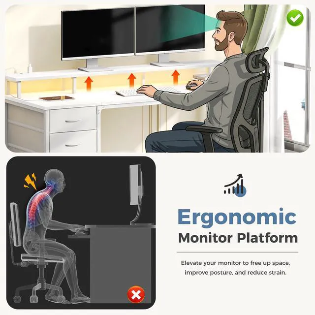 Alt view image 6 of 7 - 40-Inch Gaming Computer Desk with Drawers for Home Office, White Small Desk with Monitor Stand for Bedroom Study and Writing, PC Desk with Power Outlets and LED Lights