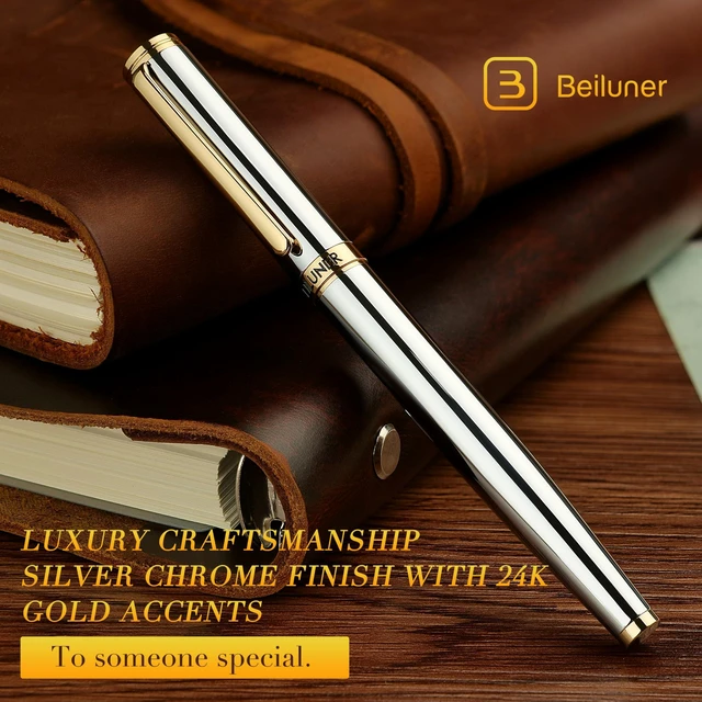 Alt view image 3 of 7 - Silver Chrome Fountain Pen,Stunning Luxury with 24K Gold Accents, Gorgeous 24K Gilded Nib(Fine), Trustworthy Pen Gift for Men&Women -Ink Converter-Elegant, Graduation,Nice Pen for Writing