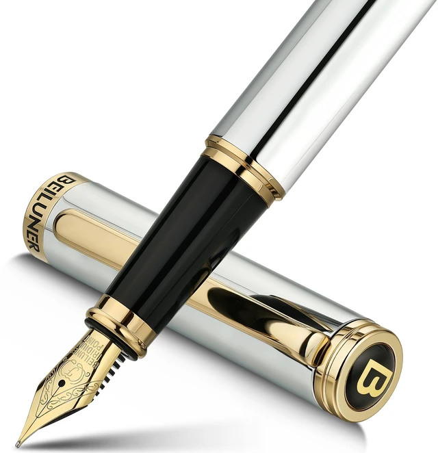 Main image of Silver Chrome Fountain Pen,Stunning Luxury with 24K Gold Accents, Gorgeous 24K Gilded Nib(Fine), Trustworthy Pen Gift for Men&Women -Ink Converter-Elegant, Graduation,Nice Pen for Writing