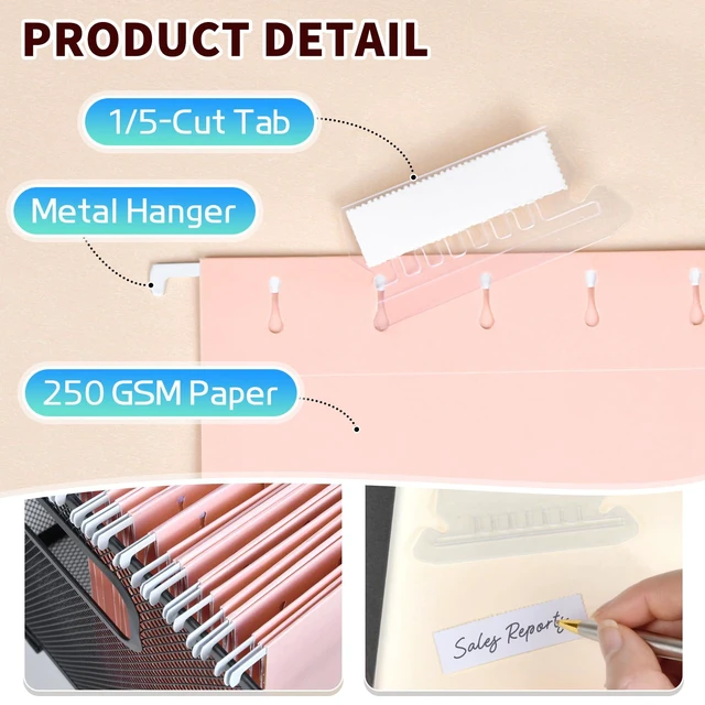 Alt view image 2 of 7 - 25-Pack Pink Hanging File Folders, Letter Size with 1/5-Cut Tabs, 35 Transparent Label Cards & 50 Sticker Labelsfor Home & Office Organization
