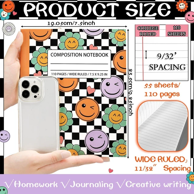 Alt view image 2 of 7 - 6 Pack Black White Check Composition Notebook Wide Ruled Back to School Supplies 110 Pages Note Taking, 9-3/4 x 7-1/2"Inch Size, Preppy Aesthetic Design, Cute Journal Office Use