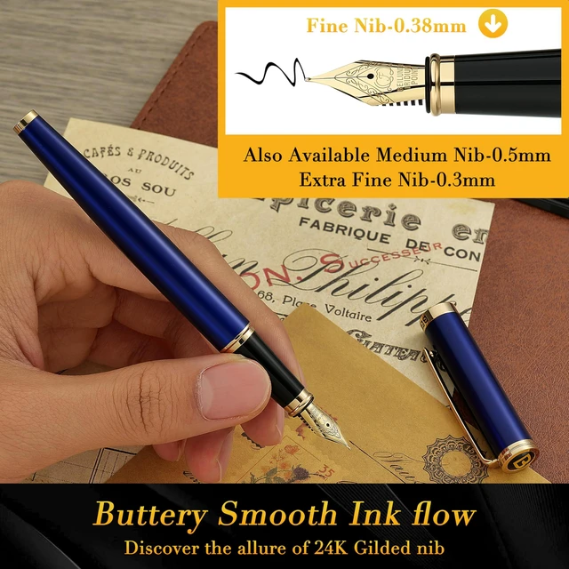Alt view image 4 of 7 - Blue Fountain Pen,Stunning Luxury Pens with 24K Gold Finish, Gorgeous 24K Gilded Nib(Fine), Trustworthy Pen Gift for Men&Women -Ink Converter-Elegant, Graduation,Nice Pen for Writing
