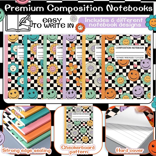 Alt view image 5 of 7 - 6 Pack Black White Check Composition Notebook Wide Ruled Back to School Supplies 110 Pages Note Taking, 9-3/4 x 7-1/2"Inch Size, Preppy Aesthetic Design, Cute Journal Office Use