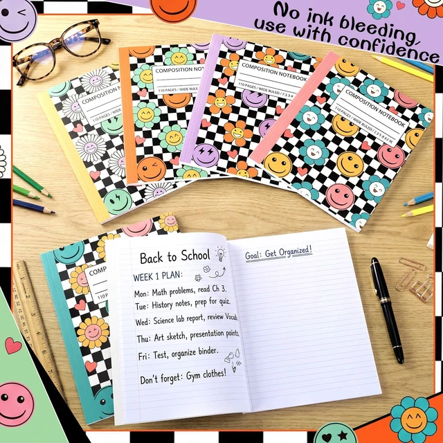 Alt view image 3 of 7 - 6 Pack Black White Check Composition Notebook Wide Ruled Back to School Supplies 110 Pages Note Taking, 9-3/4 x 7-1/2"Inch Size, Preppy Aesthetic Design, Cute Journal Office Use
