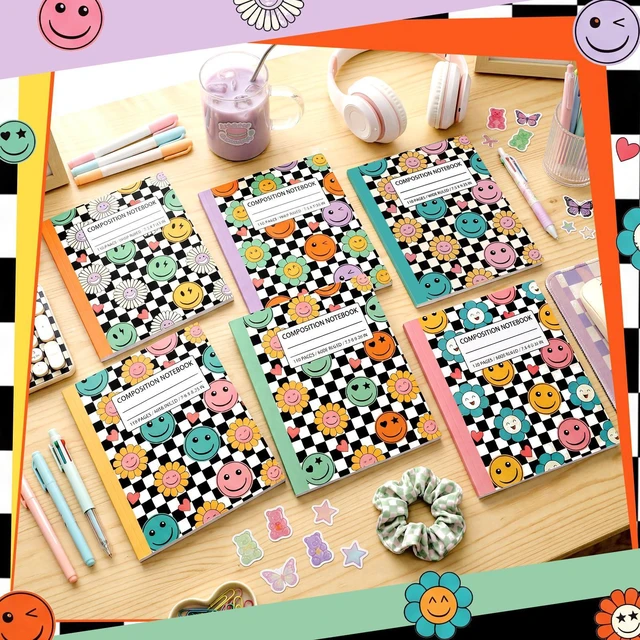 Alt view image 7 of 7 - 6 Pack Black White Check Composition Notebook Wide Ruled Back to School Supplies 110 Pages Note Taking, 9-3/4 x 7-1/2"Inch Size, Preppy Aesthetic Design, Cute Journal Office Use