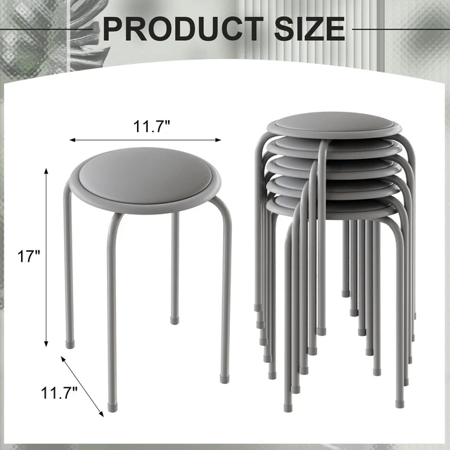 Alt view image 3 of 7 - 6-Piece Stacking Stools, 17 Inch Standard Height, Padded Seat & Steel Legs, Portable Stackable Decoration Stools for School Classroom and Office Use, Grey