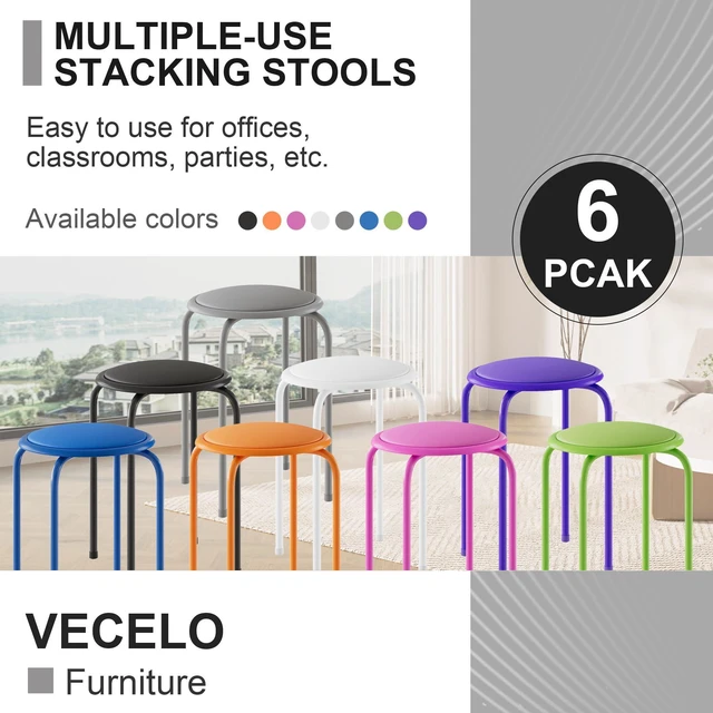 Alt view image 7 of 7 - 6-Piece Stacking Stools, 17 Inch Standard Height, Padded Seat & Steel Legs, Portable Stackable Decoration Stools for School Classroom and Office Use, Grey