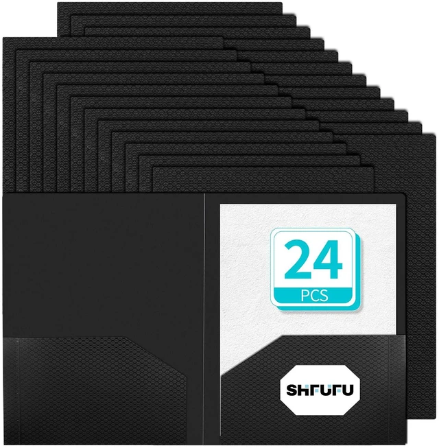 Main image of 24 Pcs Textured 2 Pocket Plastic FoldersBlack, Durable Letter Size File Folders with Business Card Slot, Heavy Duty Plastic for School Office,Acid-Free,Back to School Supplies,Bulk