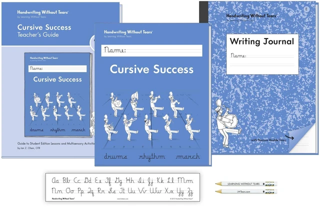 Main image of Handwriting Without Tears 4th Grade Cursive Set, Workbook, Guide, Journal Includes workbook, journal, teacher's guide, desk strip for ages 9+,build cursive fluency and speed, tutor, OT