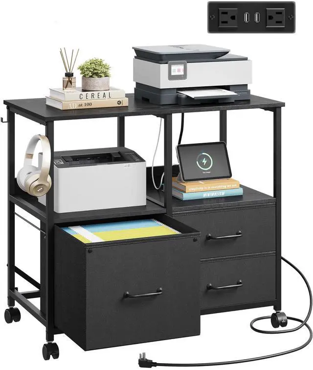 Main image of 3 Drawer Mobile File Cabinet, Fabric Lateral Filing Cabinet, Black Rolling Printer Stand with Charging Station &Storage Shelf, fits A4 or Letter Size, Adjustable Shelf for Home Office