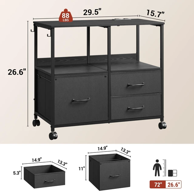 Alt view image 2 of 7 - 3 Drawer Mobile File Cabinet, Fabric Lateral Filing Cabinet, Black Rolling Printer Stand with Charging Station &Storage Shelf, fits A4 or Letter Size, Adjustable Shelf for Home Office
