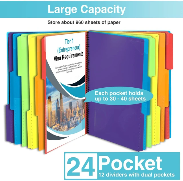 Alt view image 4 of 7 - 24 Pocket Project Organizer, 1/3-cut Tab Binder Organizer with Sticky Labels, Multi Pocket Folder with Zipper Pouch, Folder Binder Spiral Pocket Notebook, Office Supplies, Letter Size, Blue
