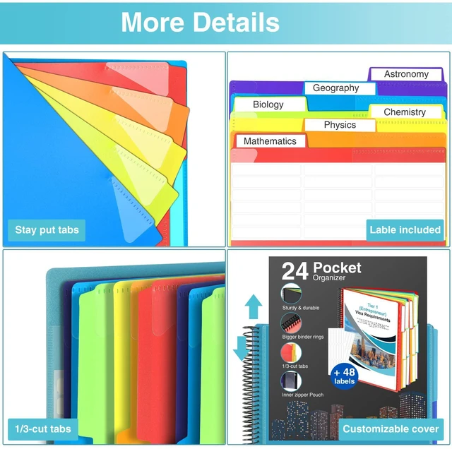 Alt view image 5 of 7 - 24 Pocket Project Organizer, 1/3-cut Tab Binder Organizer with Sticky Labels, Multi Pocket Folder with Zipper Pouch, Folder Binder Spiral Pocket Notebook, Office Supplies, Letter Size, Blue