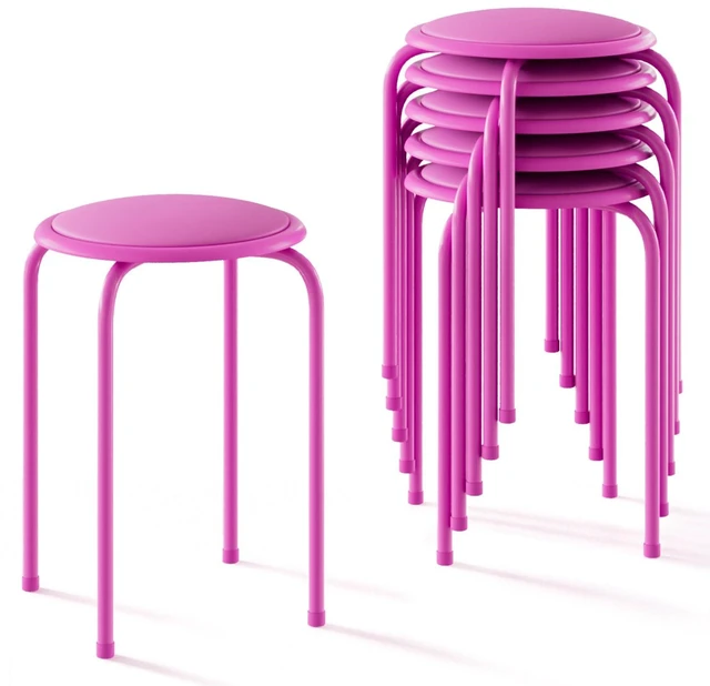Main image of 6-Piece Stacking Stools, 17 Inch Standard Height, Padded Seat & Steel Legs, Portable Stackable Decoration Stools for School Classroom and Office Use, Pink