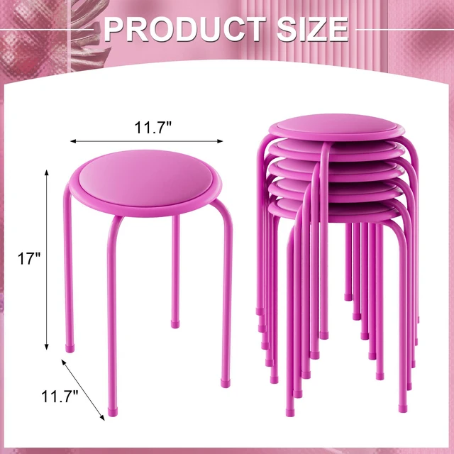 Alt view image 3 of 7 - 6-Piece Stacking Stools, 17 Inch Standard Height, Padded Seat & Steel Legs, Portable Stackable Decoration Stools for School Classroom and Office Use, Pink