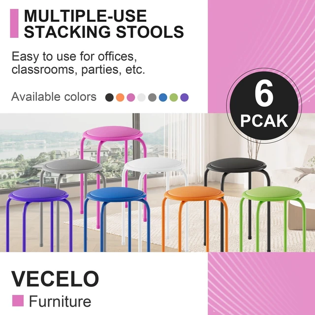 Alt view image 7 of 7 - 6-Piece Stacking Stools, 17 Inch Standard Height, Padded Seat & Steel Legs, Portable Stackable Decoration Stools for School Classroom and Office Use, Pink