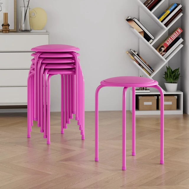 Alt view image 4 of 7 - 6-Piece Stacking Stools, 17 Inch Standard Height, Padded Seat & Steel Legs, Portable Stackable Decoration Stools for School Classroom and Office Use, Pink