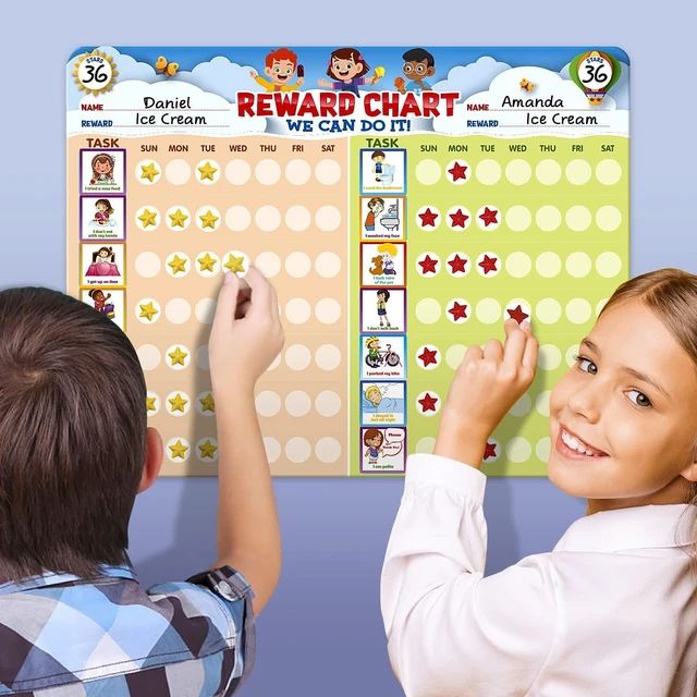 Alt view image 2 of 6 - Chore Chart for Multiple Kids, Behavior Incentive for at Home, Dry Erase, and Magnetic Board for 2 Kids, Includes 54 Task Cards