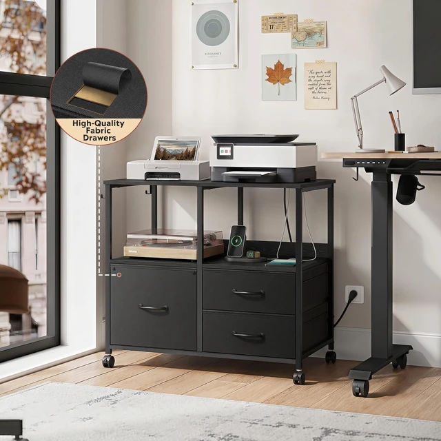 Alt view image 3 of 7 - 3 Drawer Mobile File Cabinet, Fabric Lateral Filing Cabinet, Black Rolling Printer Stand with Charging Station &Storage Shelf, fits A4 or Letter Size, Adjustable Shelf for Home Office