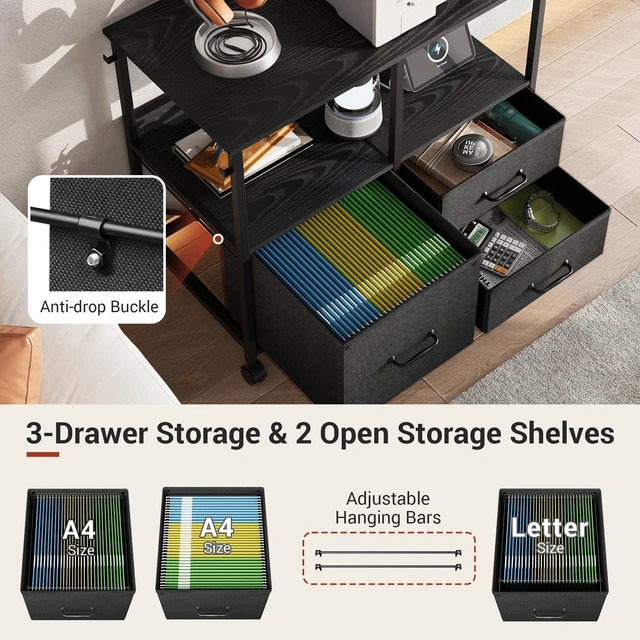 Alt view image 5 of 7 - 3 Drawer Mobile File Cabinet, Fabric Lateral Filing Cabinet, Black Rolling Printer Stand with Charging Station &Storage Shelf, fits A4 or Letter Size, Adjustable Shelf for Home Office