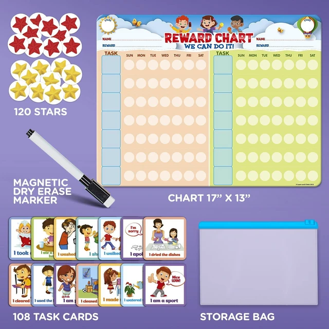 Alt view image 3 of 6 - Chore Chart for Multiple Kids, Behavior Incentive for at Home, Dry Erase, and Magnetic Board for 2 Kids, Includes 54 Task Cards