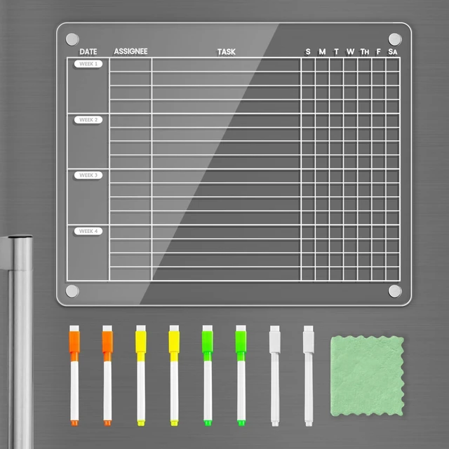 Main image of Magnetic Fridge Chore Chart for Kids & Roommates, 12x9.5 Inch Clear Acrylic Dry Erase Board with Rotating Weekly Tasks; Fits Curved Doors; Embedded Magnets; 8 Wet-Erase Markers and Towel