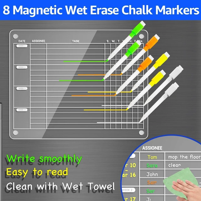 Alt view image 5 of 7 - Magnetic Fridge Chore Chart for Kids & Roommates, 12x9.5 Inch Clear Acrylic Dry Erase Board with Rotating Weekly Tasks; Fits Curved Doors; Embedded Magnets; 8 Wet-Erase Markers and Towel
