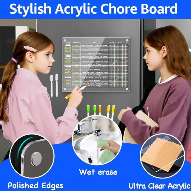 Alt view image 6 of 7 - Magnetic Fridge Chore Chart for Kids & Roommates, 12x9.5 Inch Clear Acrylic Dry Erase Board with Rotating Weekly Tasks; Fits Curved Doors; Embedded Magnets; 8 Wet-Erase Markers and Towel