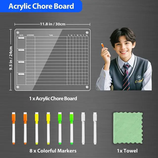 Alt view image 7 of 7 - Magnetic Fridge Chore Chart for Kids & Roommates, 12x9.5 Inch Clear Acrylic Dry Erase Board with Rotating Weekly Tasks; Fits Curved Doors; Embedded Magnets; 8 Wet-Erase Markers and Towel
