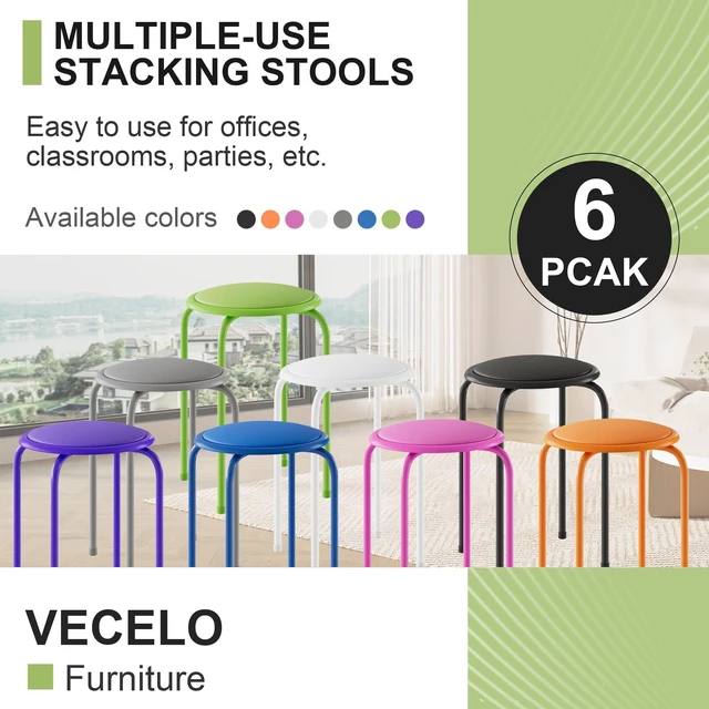 Alt view image 7 of 7 - 6-Piece Stacking Stools, 17 Inch Standard Height, Padded Seat & Steel Legs, Portable Stackable Decoration Stools for School Classroom and Office Use, Green