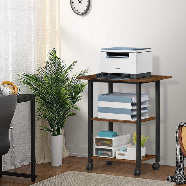 Alt view image 4 of 7 - 3-Tier Printer Stand, Industrial Rolling Printer Table with Storage Rustic Brown Mobile Printer Cart Holder for Home Office, Lockable Wheels, Open Storage Shelf, Metal frame