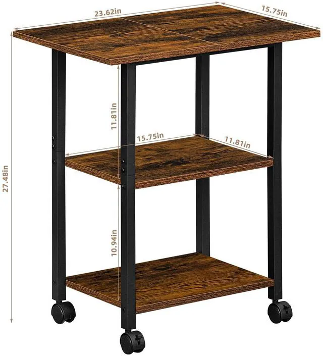 Alt view image 3 of 7 - 3-Tier Printer Stand, Industrial Rolling Printer Table with Storage Rustic Brown Mobile Printer Cart Holder for Home Office, Lockable Wheels, Open Storage Shelf, Metal frame