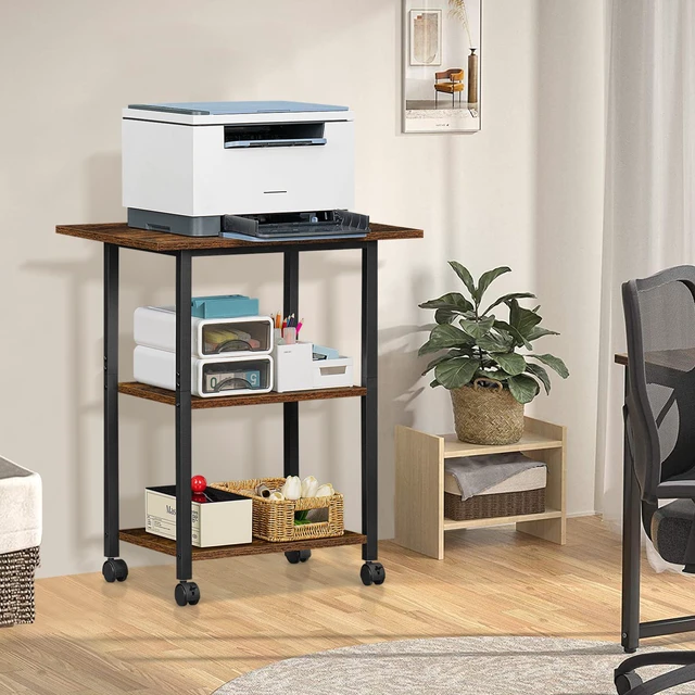 Alt view image 5 of 7 - 3-Tier Printer Stand, Industrial Rolling Printer Table with Storage Rustic Brown Mobile Printer Cart Holder for Home Office, Lockable Wheels, Open Storage Shelf, Metal frame