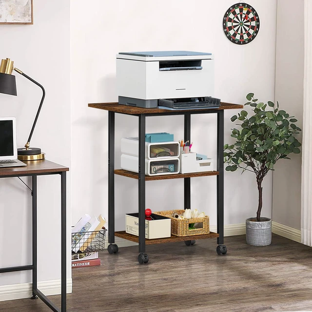 Alt view image 6 of 7 - 3-Tier Printer Stand, Industrial Rolling Printer Table with Storage Rustic Brown Mobile Printer Cart Holder for Home Office, Lockable Wheels, Open Storage Shelf, Metal frame