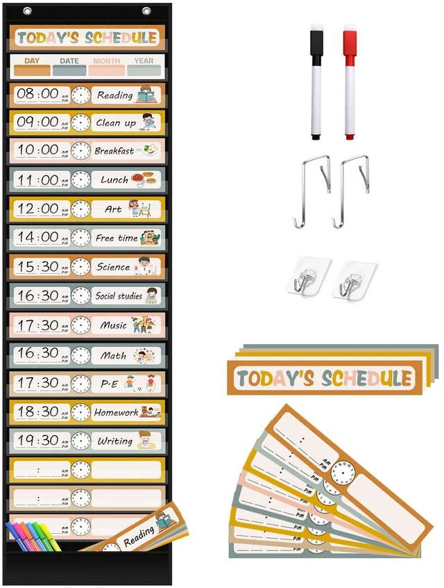 Main image of Boho 18+1 Pockets Daily Schedule Pocket Chart, 30 pcs Double-Sided Reusable Cards, Scheduling Pocket Chart for Classroom Office Home School Activity(Black)