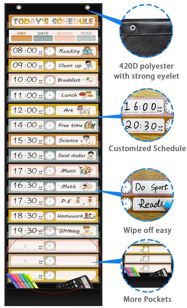 Alt view image 3 of 7 - Boho 18+1 Pockets Daily Schedule Pocket Chart, 30 pcs Double-Sided Reusable Cards, Scheduling Pocket Chart for Classroom Office Home School Activity(Black)