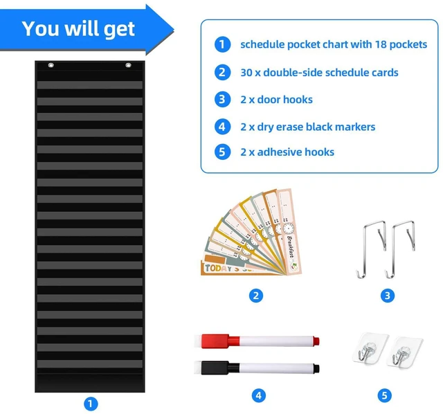 Alt view image 4 of 7 - Boho 18+1 Pockets Daily Schedule Pocket Chart, 30 pcs Double-Sided Reusable Cards, Scheduling Pocket Chart for Classroom Office Home School Activity(Black)