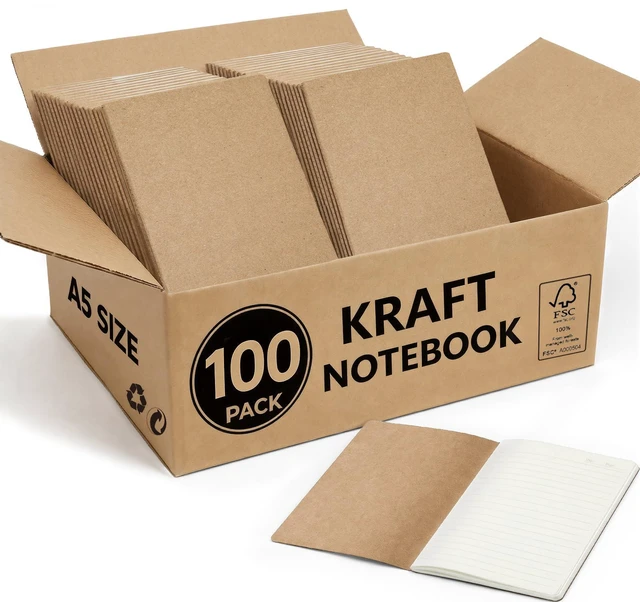 Main image of 100 Pack Kraft Notebooks Bulk A5, 60 Pages Lined Ruled Journals, 8.3x5.5 In 80gsm Cream Paper, Natural Kraft Cover, Composition Style For School Programs, Offices, Events & Institutional Supply