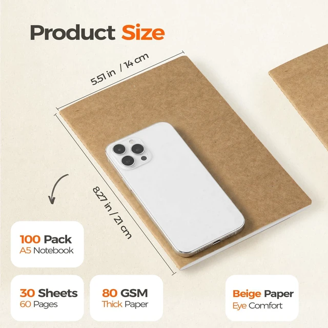 Alt view image 2 of 7 - 100 Pack Kraft Notebooks Bulk A5, 60 Pages Lined Ruled Journals, 8.3x5.5 In 80gsm Cream Paper, Natural Kraft Cover, Composition Style For School Programs, Offices, Events & Institutional Supply
