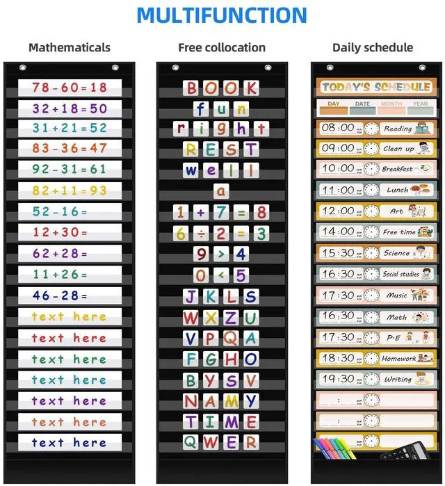 Alt view image 6 of 7 - Boho 18+1 Pockets Daily Schedule Pocket Chart, 30 pcs Double-Sided Reusable Cards, Scheduling Pocket Chart for Classroom Office Home School Activity(Black)