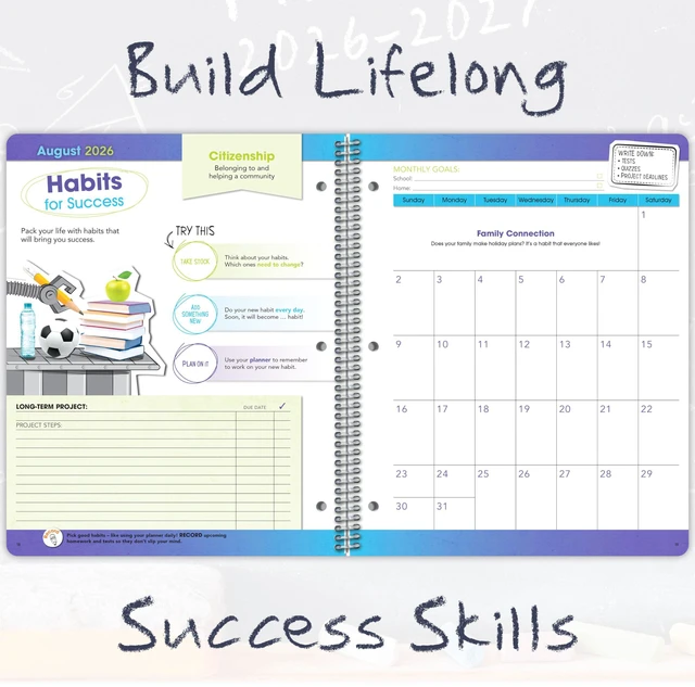 Alt view image 3 of 7 - Student Planner 2026-2027 Middle & High Matrix, 8.5" x 11" Kids Planner, Large, With Subject Blocks, Monthly Planning, Now - June 2027, High Quality Paper, 144 Full Color Pages