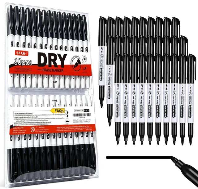 Main image of Black Dry Erase Markers Fine Tip, 30 Pack, 1-2mm Line, Low Odor Easily Erases, Non-Toxic Ink, Whiteboard Markers For Office Teams, Teachers, Classrooms, Training Sessions