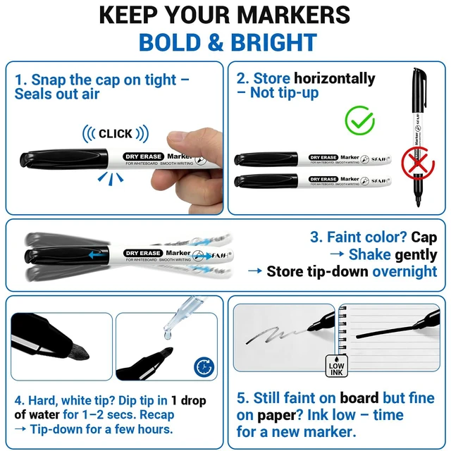 Alt view image 7 of 7 - Black Dry Erase Markers Fine Tip, 30 Pack, 1-2mm Line, Low Odor Easily Erases, Non-Toxic Ink, Whiteboard Markers For Office Teams, Teachers, Classrooms, Training Sessions