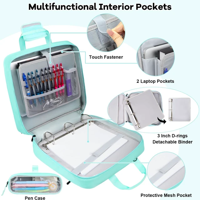 Alt view image 2 of 7 - 3 Inch D-Ring Zipper Binder Bag, 700 Sheet Capacity Multi-Pockets Organizer, 13 Inch Laptop Carrying Case with Bottle Holder& Shoulder Strap for School Office (Blue)