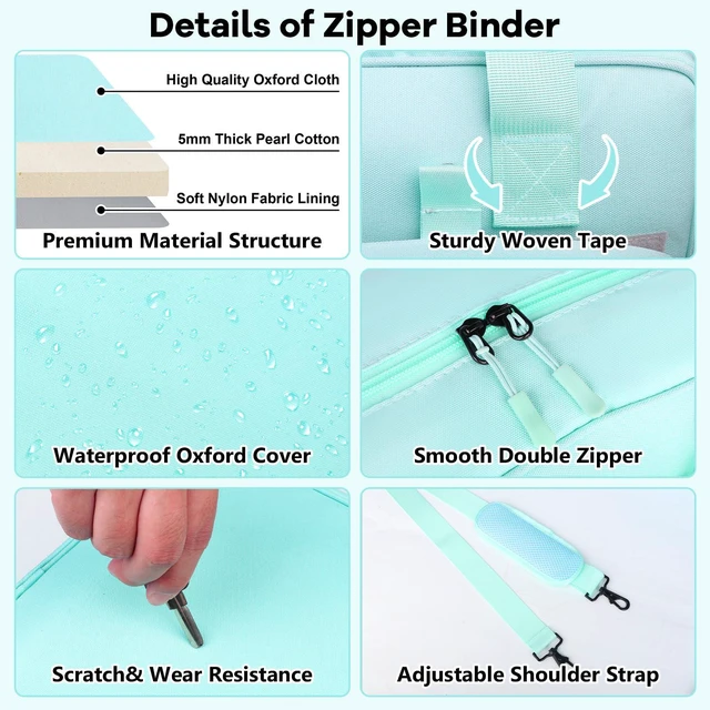 Alt view image 7 of 7 - 3 Inch D-Ring Zipper Binder Bag, 700 Sheet Capacity Multi-Pockets Organizer, 13 Inch Laptop Carrying Case with Bottle Holder& Shoulder Strap for School Office (Blue)