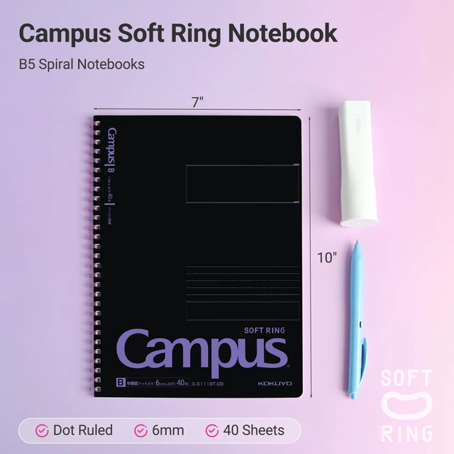 Alt view image 2 of 7 - Spiral Notebook Journal, Black 3 Pack Campus B5 Soft Ring Notebooks with Dotted B 6mm Rule, 40 Sheets, 1 Subject Notebook in Red Purple Green, College Office Note Taking. Japan Import